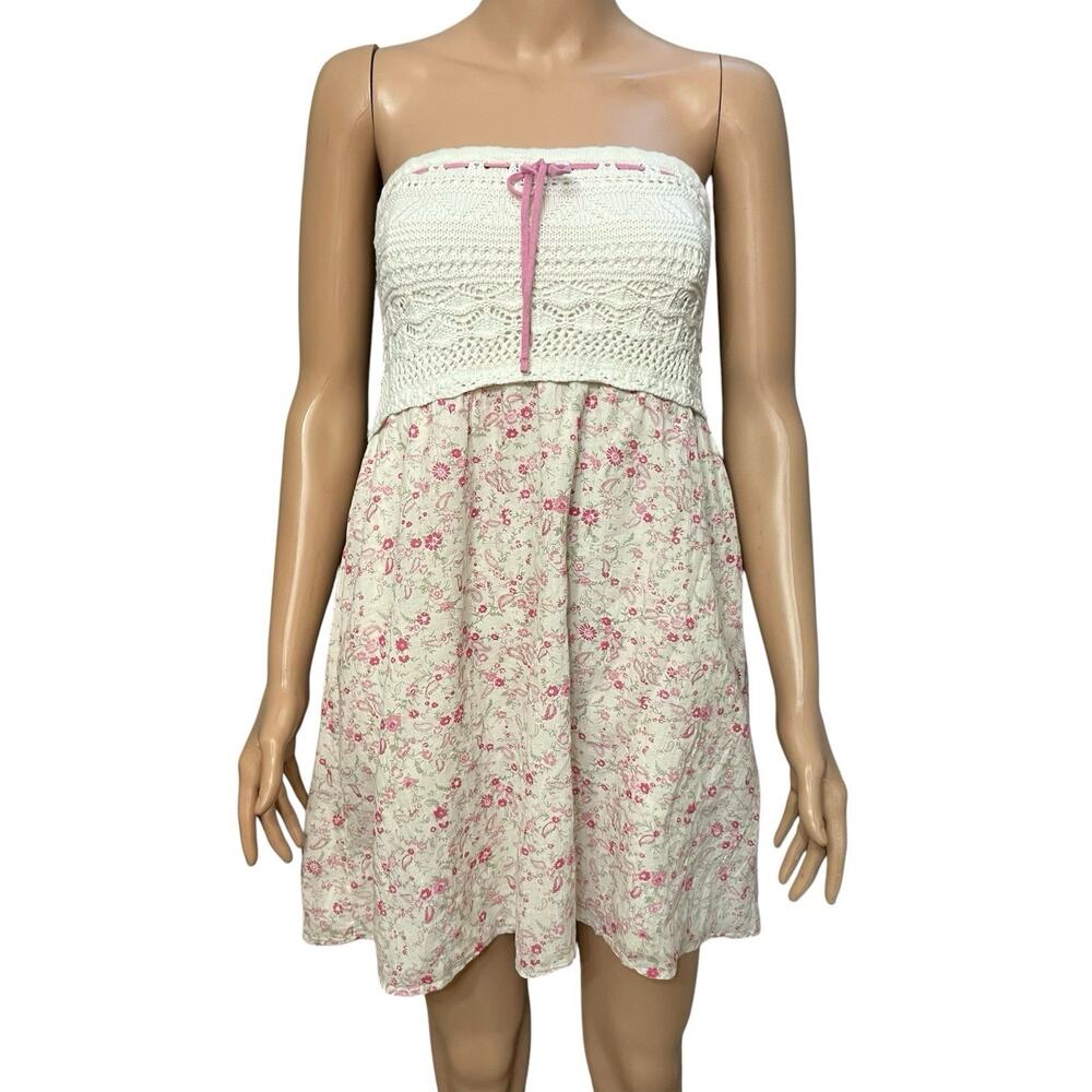 Hollister Strapless Crochet Mini Dress Large Floral Cottagecore Bow Casual